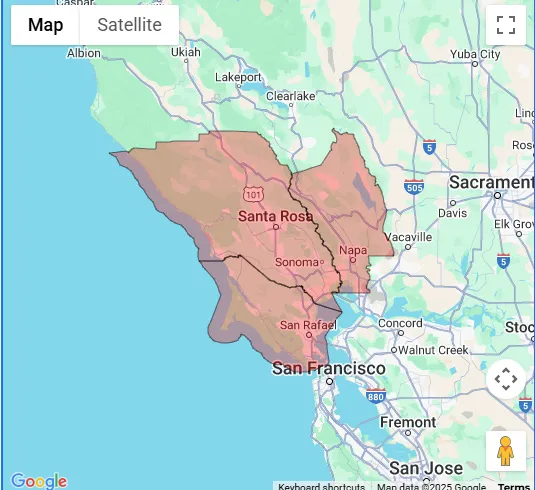 NBE Property Restoration Service Area Map showing coverage across Sonoma, Napa, Marin Counties and Los Angeles
